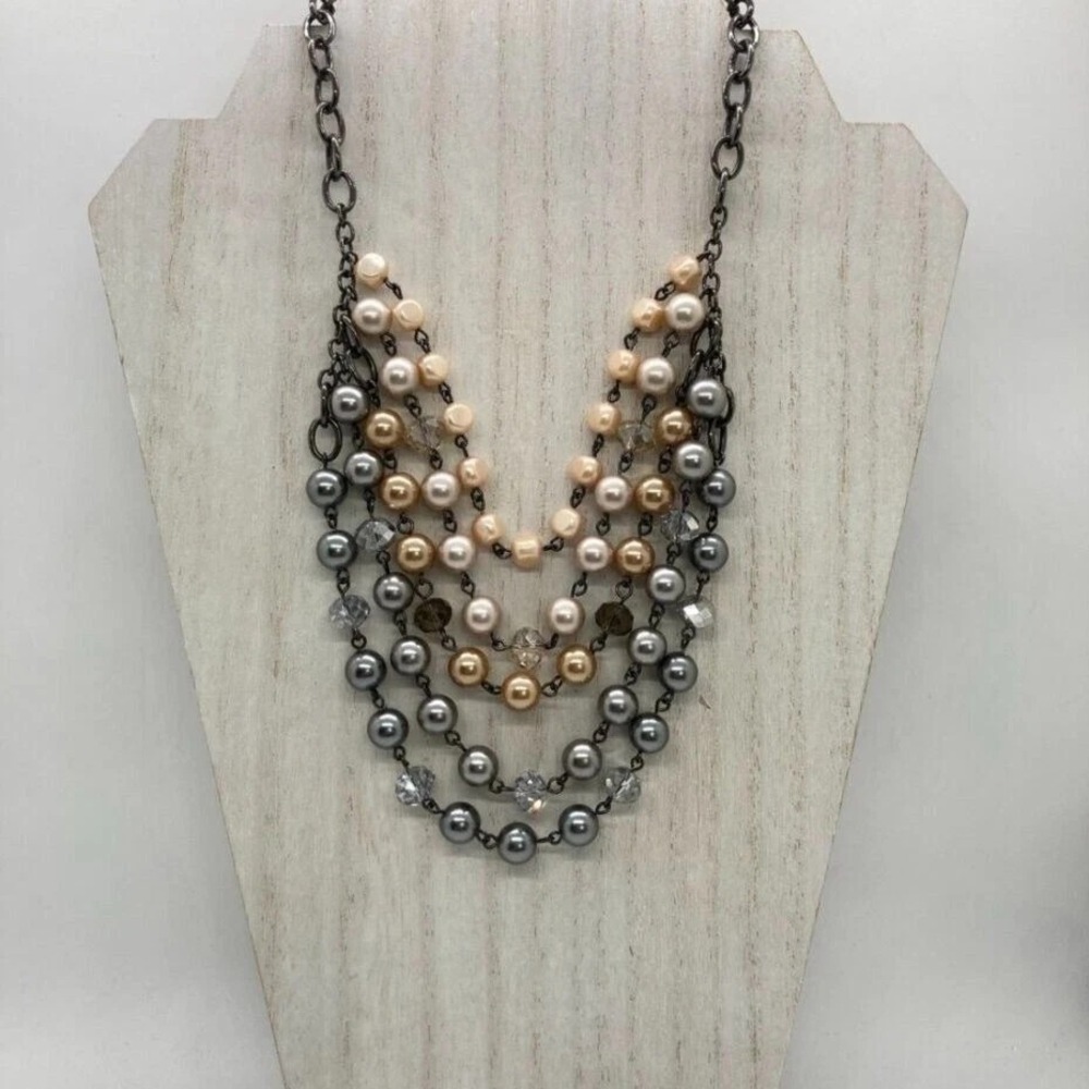 Chic‎ Multi-Strand Layered Faux Pearl Bead 30" Necklace Gunmetal Tone Chain